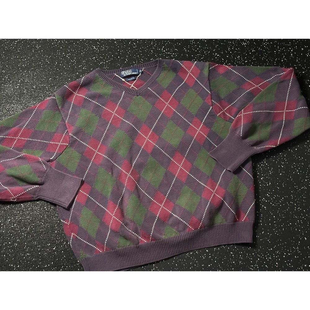 Vtg Ralph Lauren Polo Mens Cotton Argyle Sweater Large V-Neck All Over Knit XL
